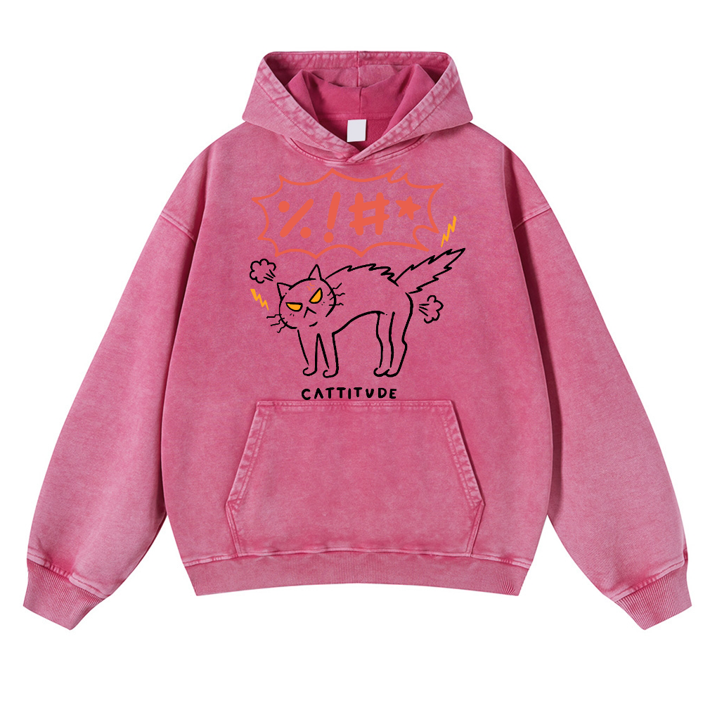 Cat Cattitude Vintage Washed Thick Cotton Hoodie