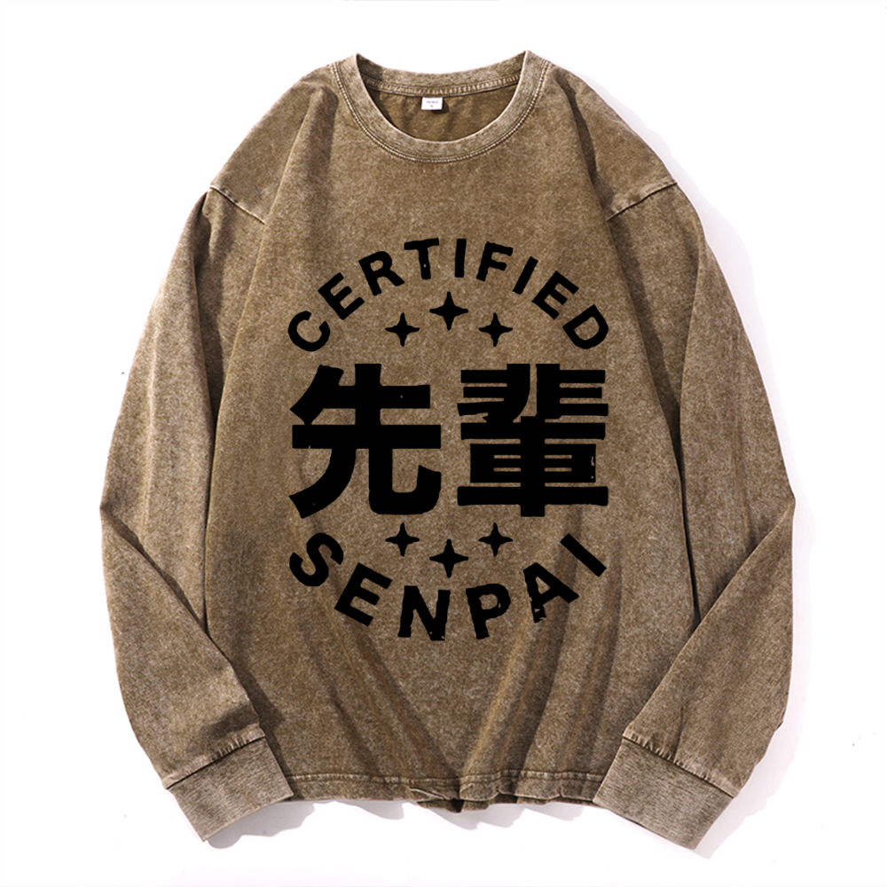 Senpai Vintage Cotton Wash Crewneck Long-Sleeve T-Shirt