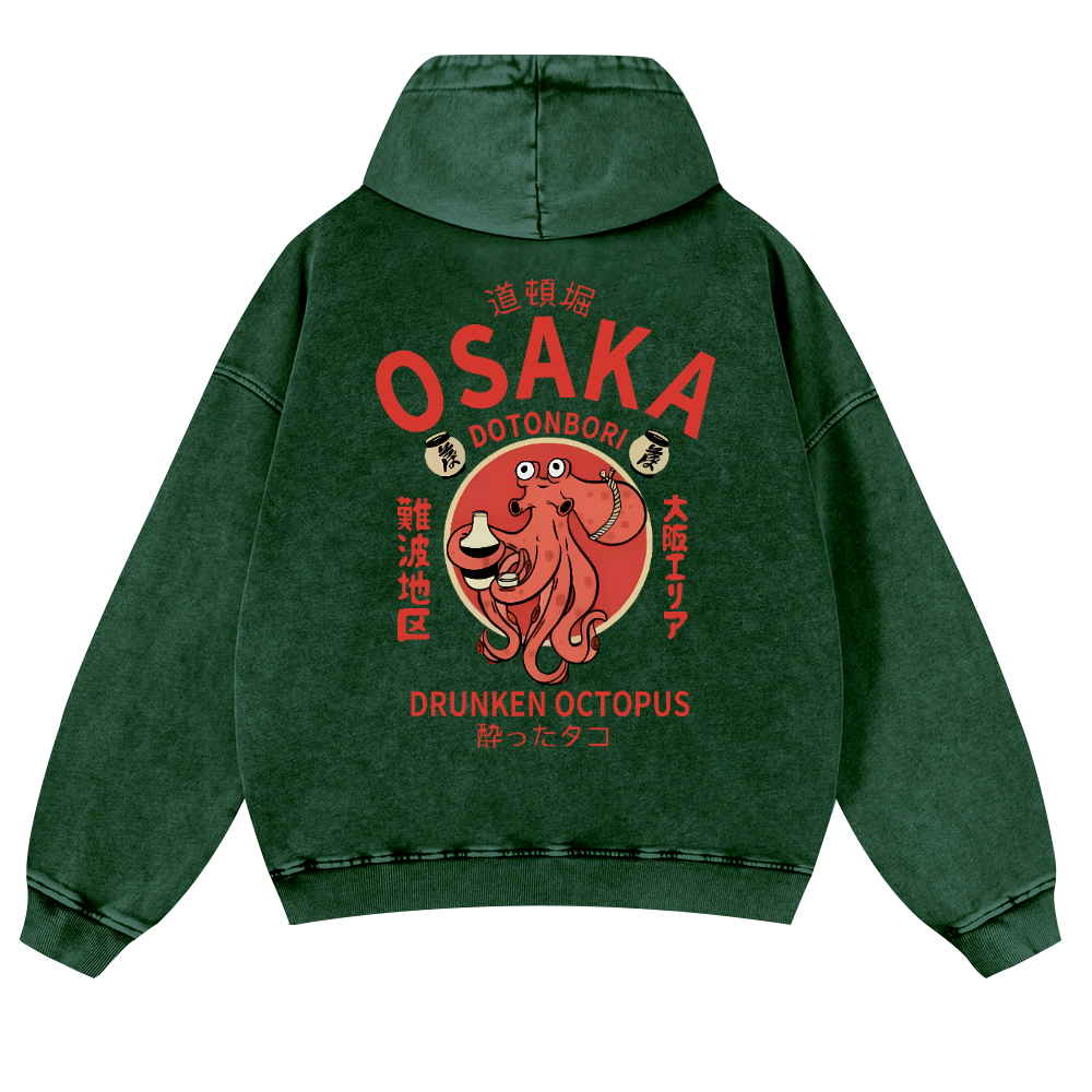 Osaka Dotonbori Drunken Octopus Vintage Washed Cotton Back Art Hoodie