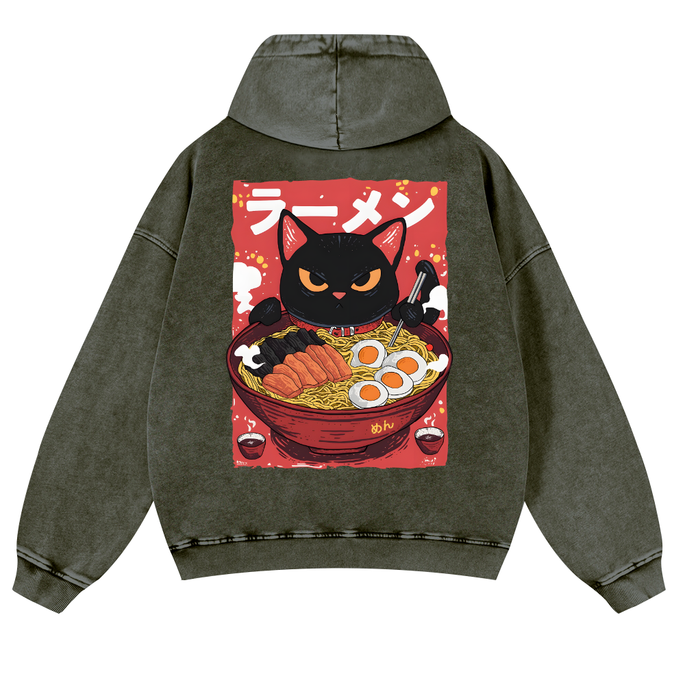 Ramen Black Cat Vintage Washed Cotton Back Art Hoodie