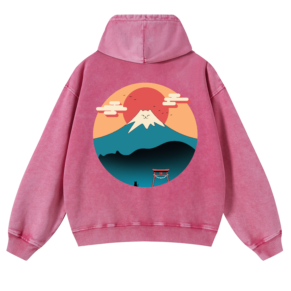 Cat Mount Fuji Vintage Washed Cotton Back Art Hoodie