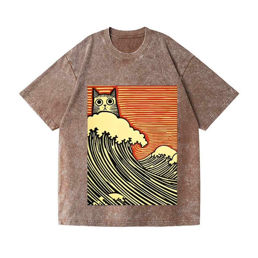 Cat Wave Vintage Wash Japanese Design T-Shirt