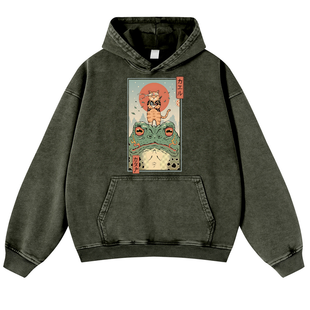 Ninja Cat and Frog Vintage Washed Thick Cotton Hoodie