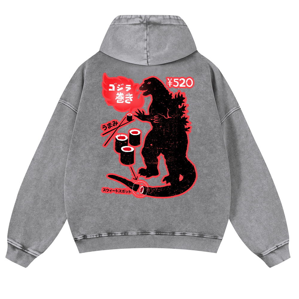 Godzilla Sushi Vintage Washed Cotton Back Art Hoodie