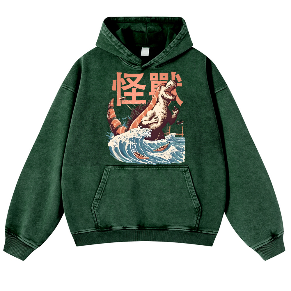 Godzilla Sushi Monster Wave Vintage Washed Thick Cotton Hoodie