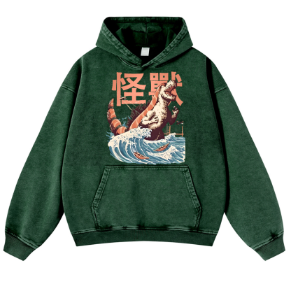 Godzilla Sushi Monster Wave Vintage Washed Thick Cotton Hoodie