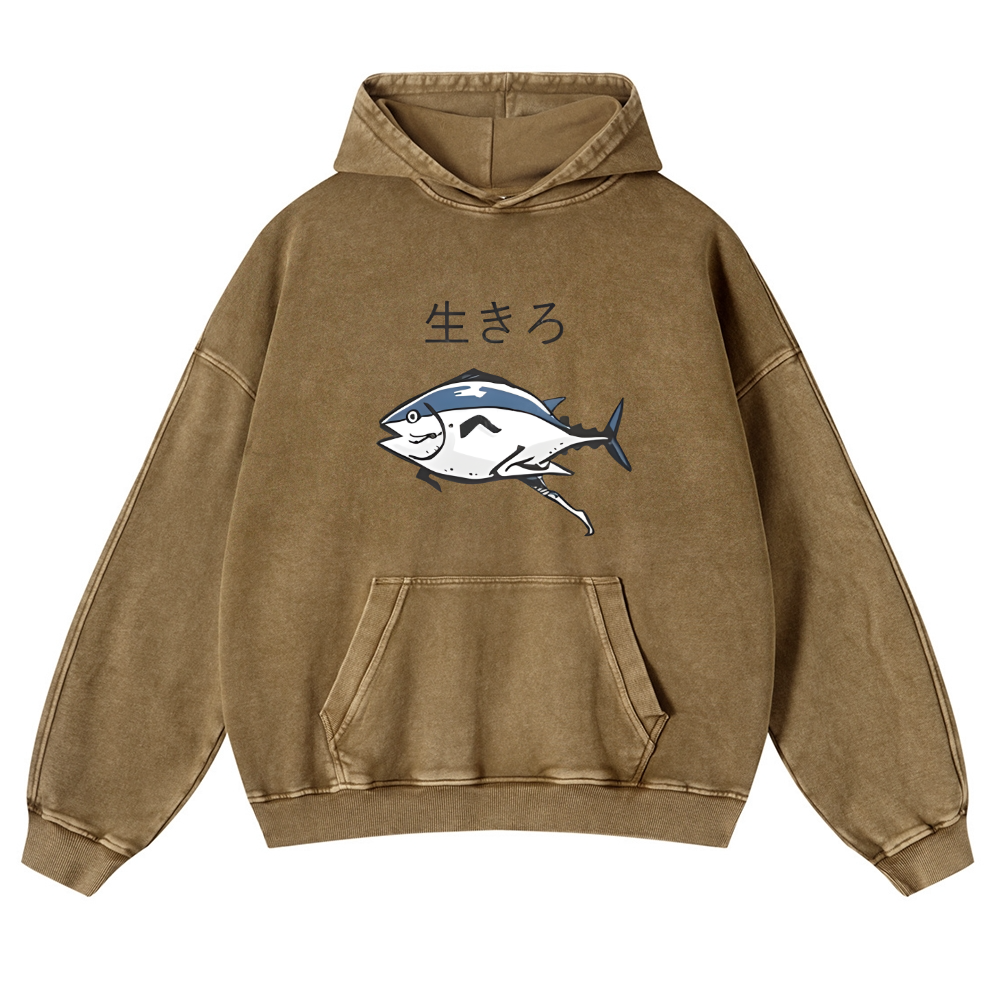 The Living Fish Vintage Washed Thick Cotton Hoodie