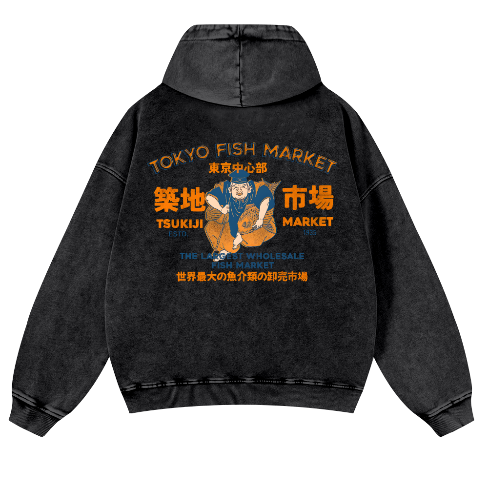 Tsukiji Market Vintage Washed Cotton Back Art Hoodie