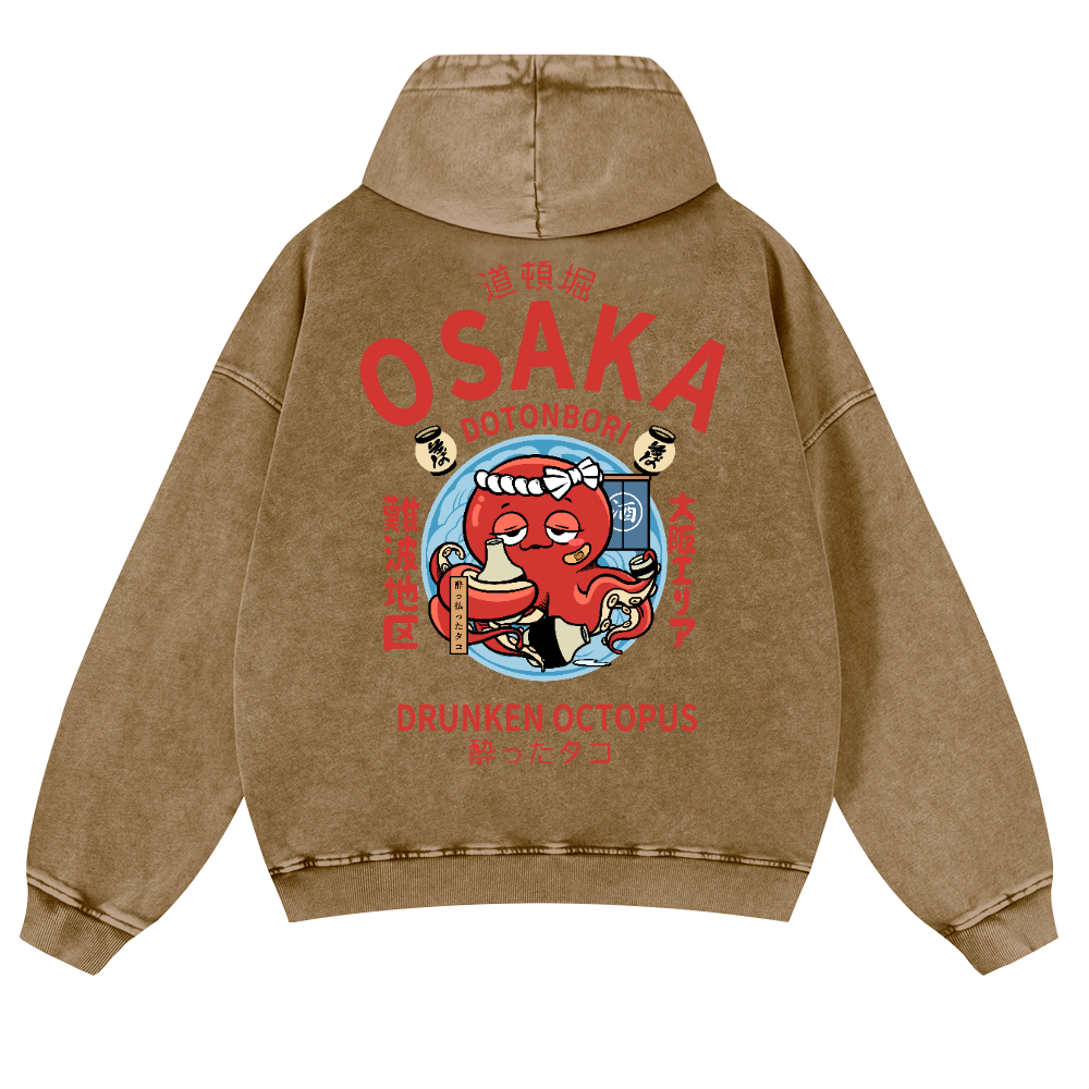 Osaka Dotonbori Drunken Octopus Vintage Washed Cotton Back Art Hoodie