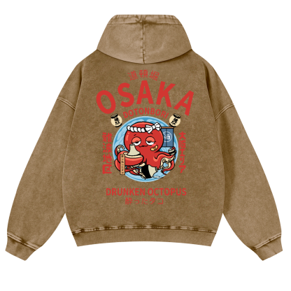 Osaka Dotonbori Drunken Octopus Vintage Washed Cotton Back Art Hoodie