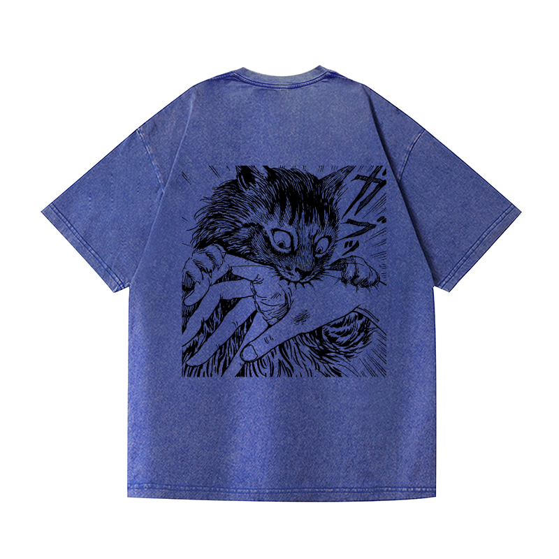 Cat Vintage Wash Japanese Design Back Art T-Shirt