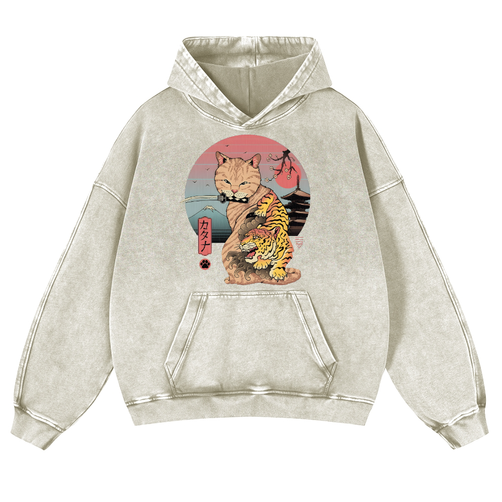 Japanese themed Cat Tiger Illustration Vintage Washed Thick Cotton Hoodie