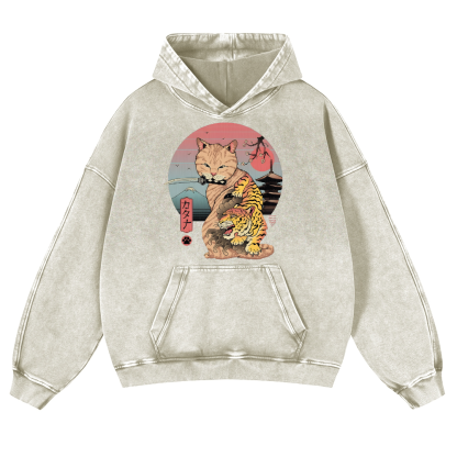 Japanese themed Cat Tiger Illustration Vintage Washed Thick Cotton Hoodie