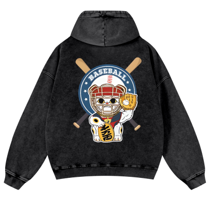 Baseball Cat Vintage Washed Cotton Back Art Hoodie