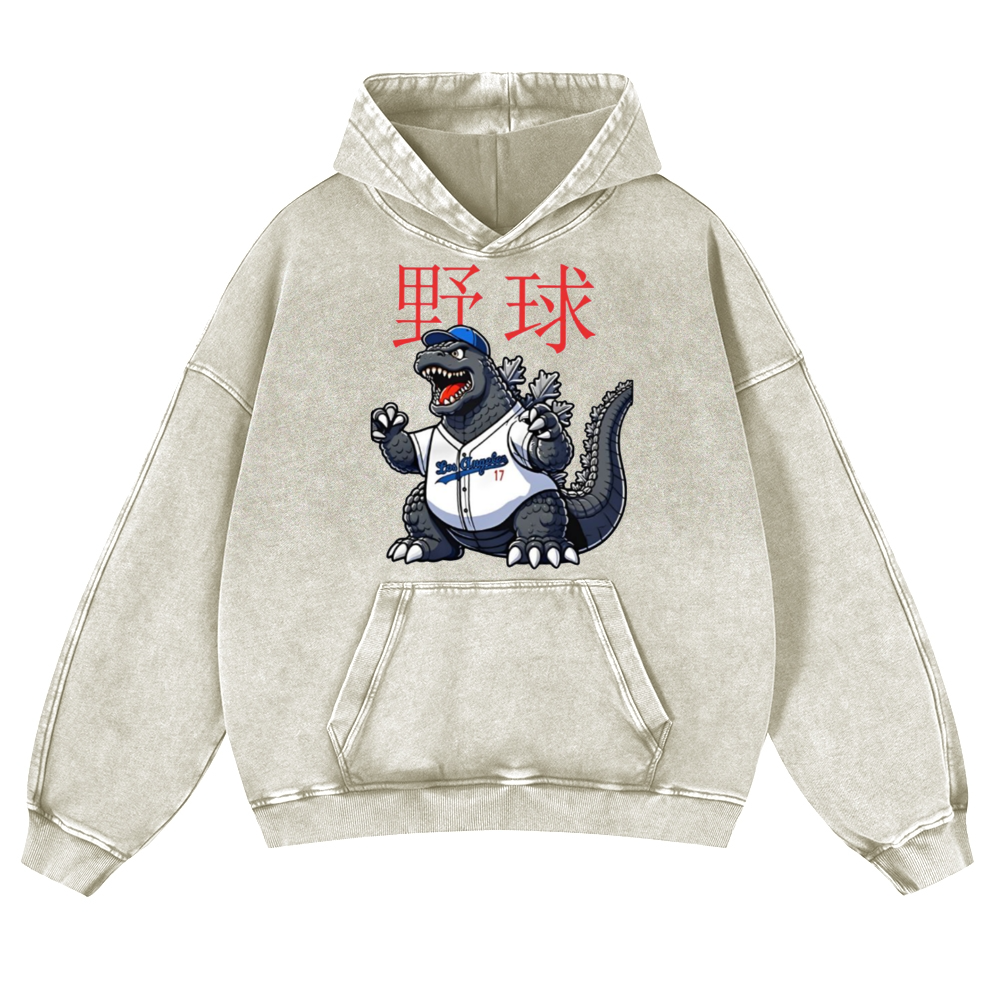 Godzilla's Baseball Adventure Vintage Washed Thick Cotton Hoodie