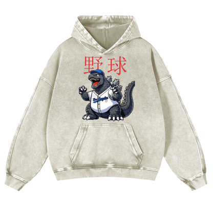 Godzilla's Baseball Adventure Vintage Washed Thick Cotton Hoodie