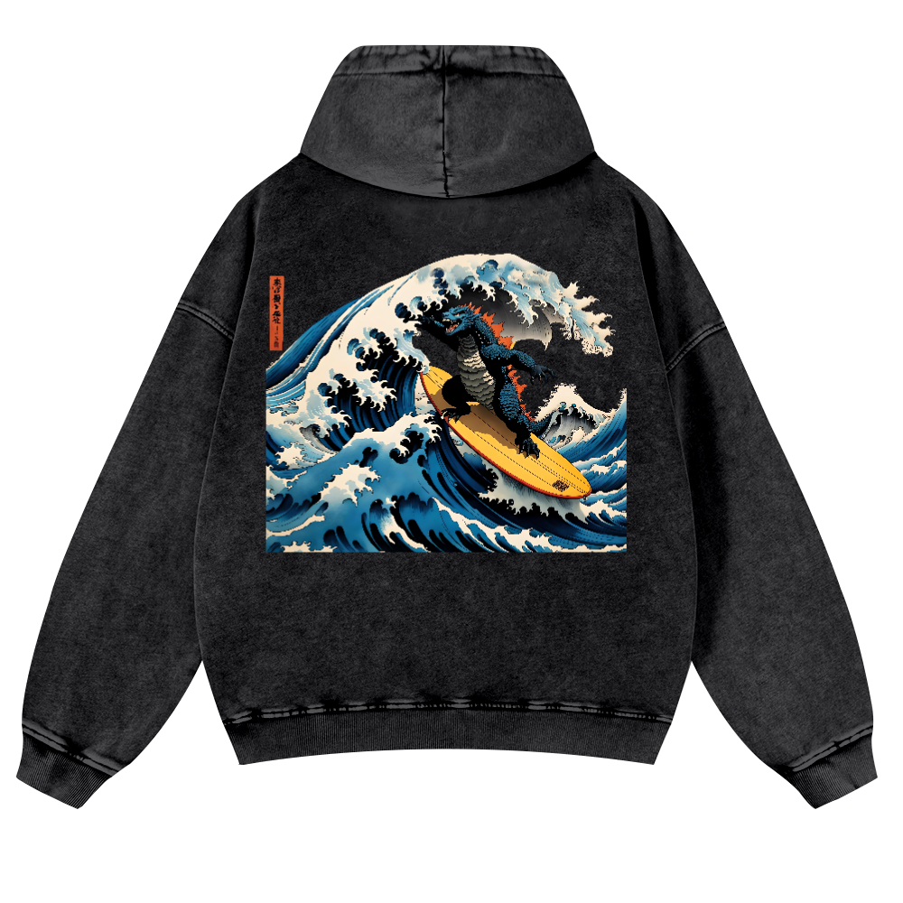 Godzilla Ukiyoe Wave Vintage Washed Cotton Back Art Hoodie