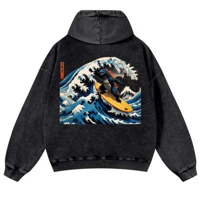 Godzilla Ukiyoe Wave Vintage Washed Cotton Back Art Hoodie