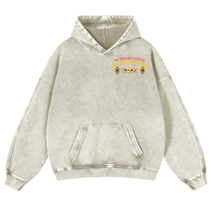 Ramen Lucky Cat Vintage Washed Cotton Back Art Hoodie