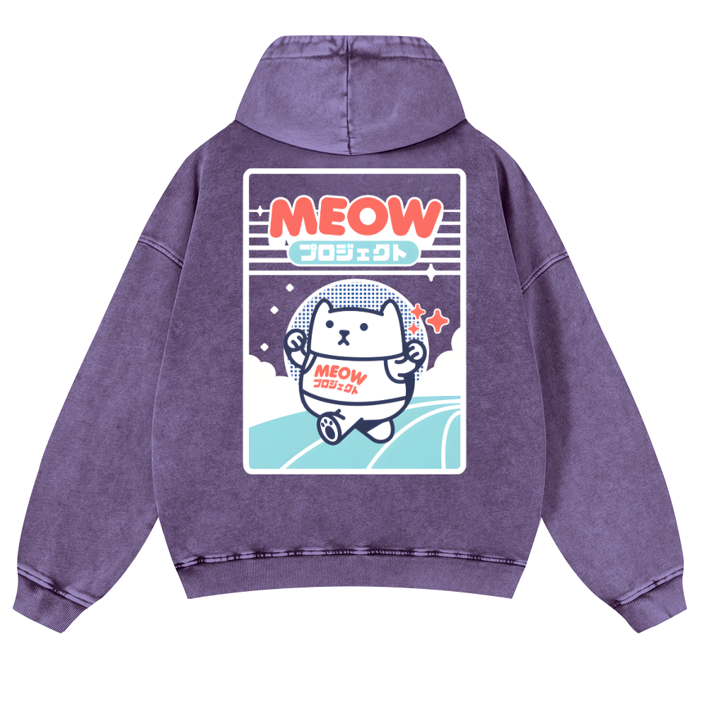 Meow Cat Vintage Washed Cotton Back Art Hoodie