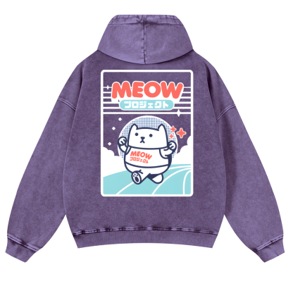 Meow Cat Vintage Washed Cotton Back Art Hoodie