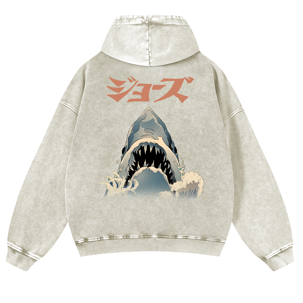 Shark Ukiyoe Vintage Washed Cotton Back Art Hoodie