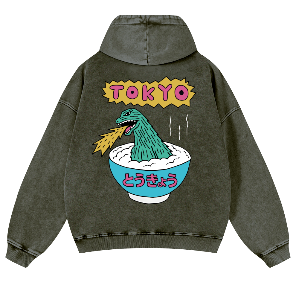 Godzilla The Monster Rice of Tokyo Vintage Washed Cotton Back Art Hoodie