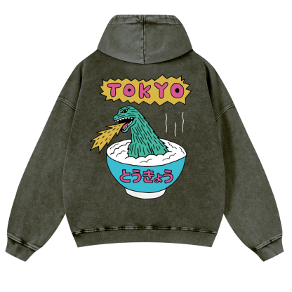 Godzilla The Monster Rice of Tokyo Vintage Washed Cotton Back Art Hoodie