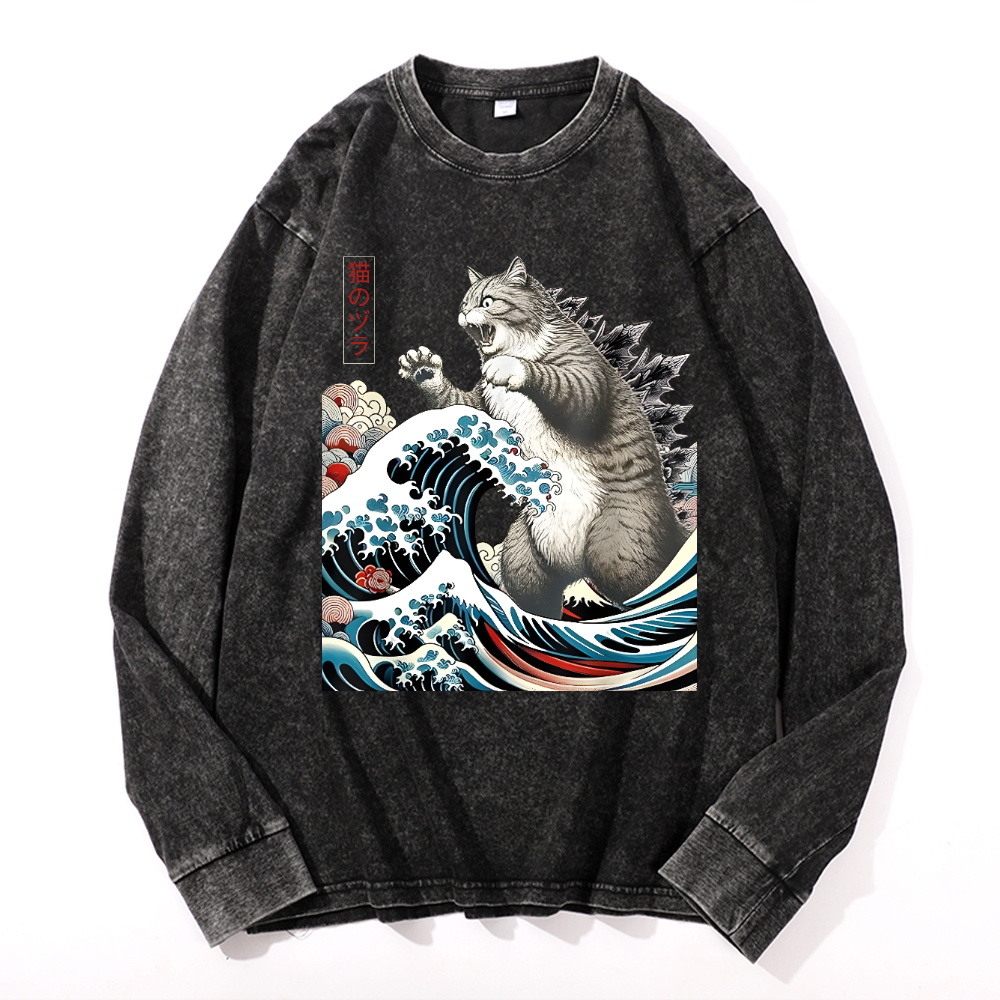 Cat Godzilla Ukiyoe Great Wave Vintage Cotton Wash Crewneck Sweatshirt