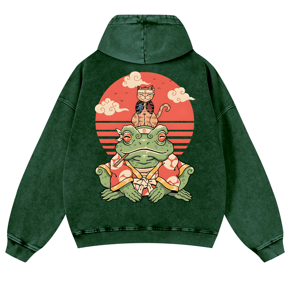 Cat And Frog Vintage Washed Cotton Back Art Hoodie