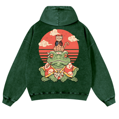 Cat And Frog Vintage Washed Cotton Back Art Hoodie
