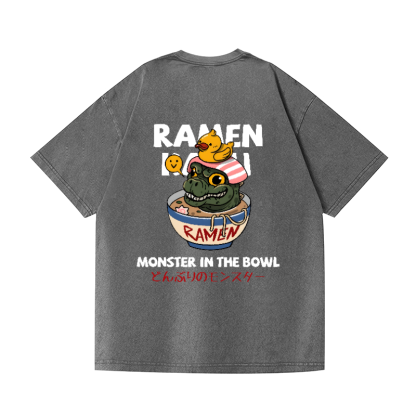 Godzilla Ramen Vintage Wash Japanese Design Back Art T-Shirt