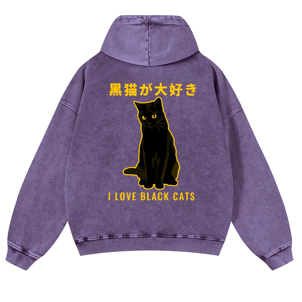 Black Cat Vintage Washed Cotton Back Art Hoodie