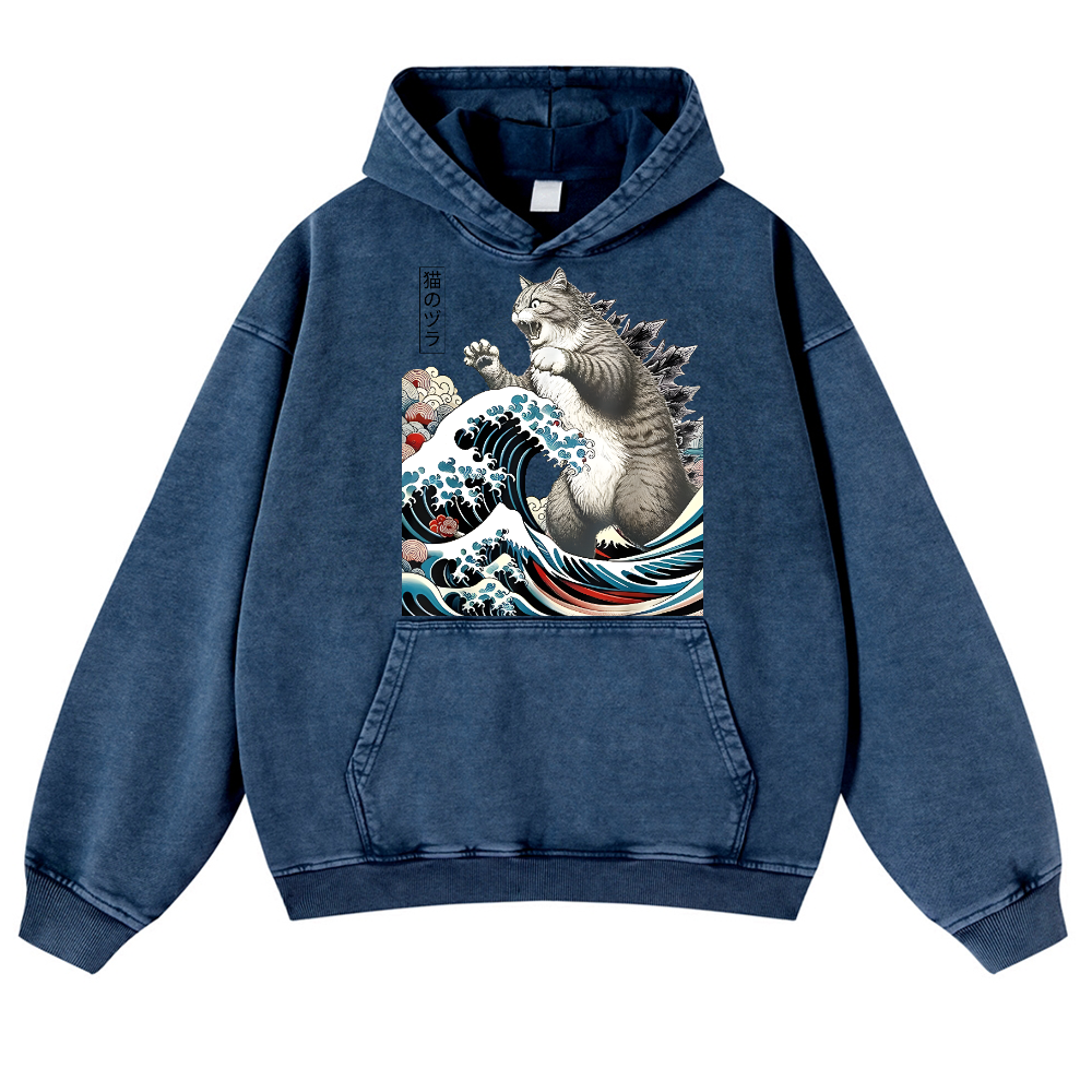 Cat Godzilla Ukiyoe Great Wave Vintage Washed Thick Cotton Hoodie