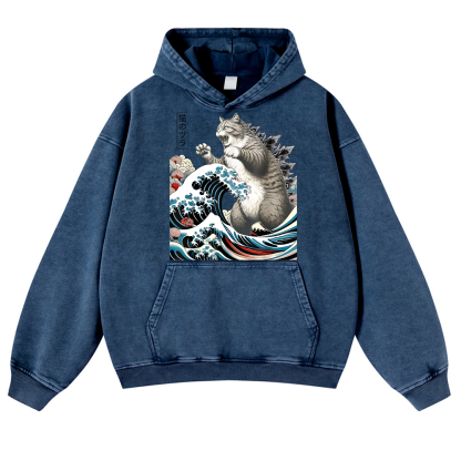 Cat Godzilla Ukiyoe Great Wave Vintage Washed Thick Cotton Hoodie