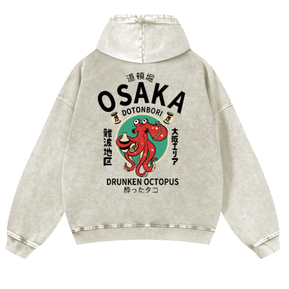 Osaka Dotonbori Drunken Octopus Vintage Washed Cotton Back Art Hoodie