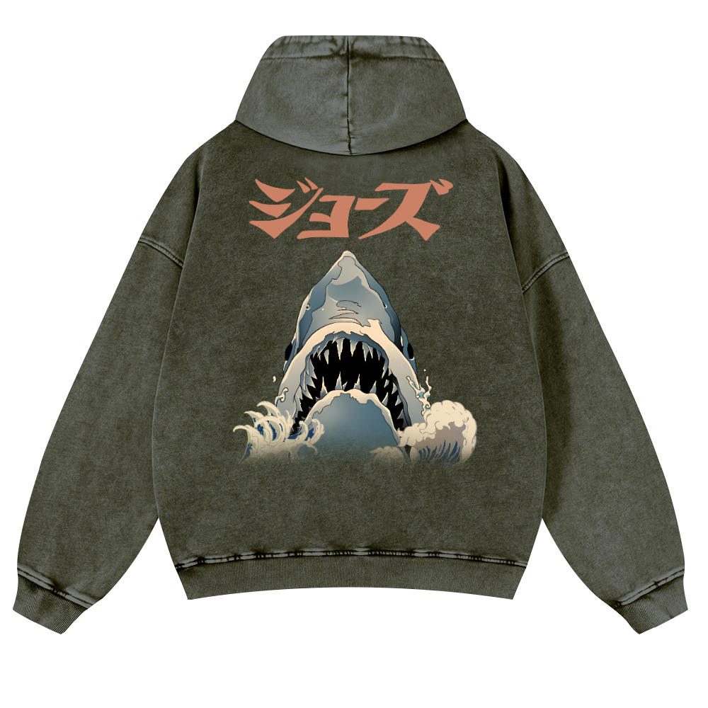 Shark Ukiyoe Vintage Washed Cotton Back Art Hoodie