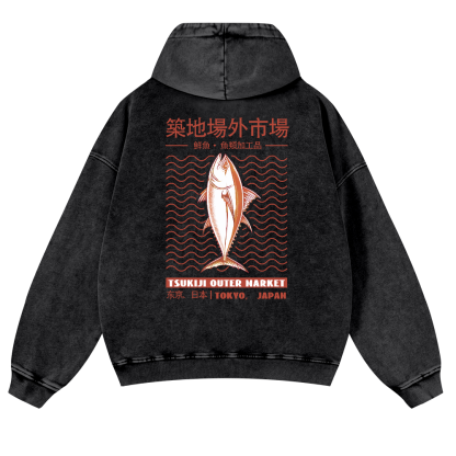 Tsukiji Outer Market Fish Vintage Washed Cotton Back Art Hoodie