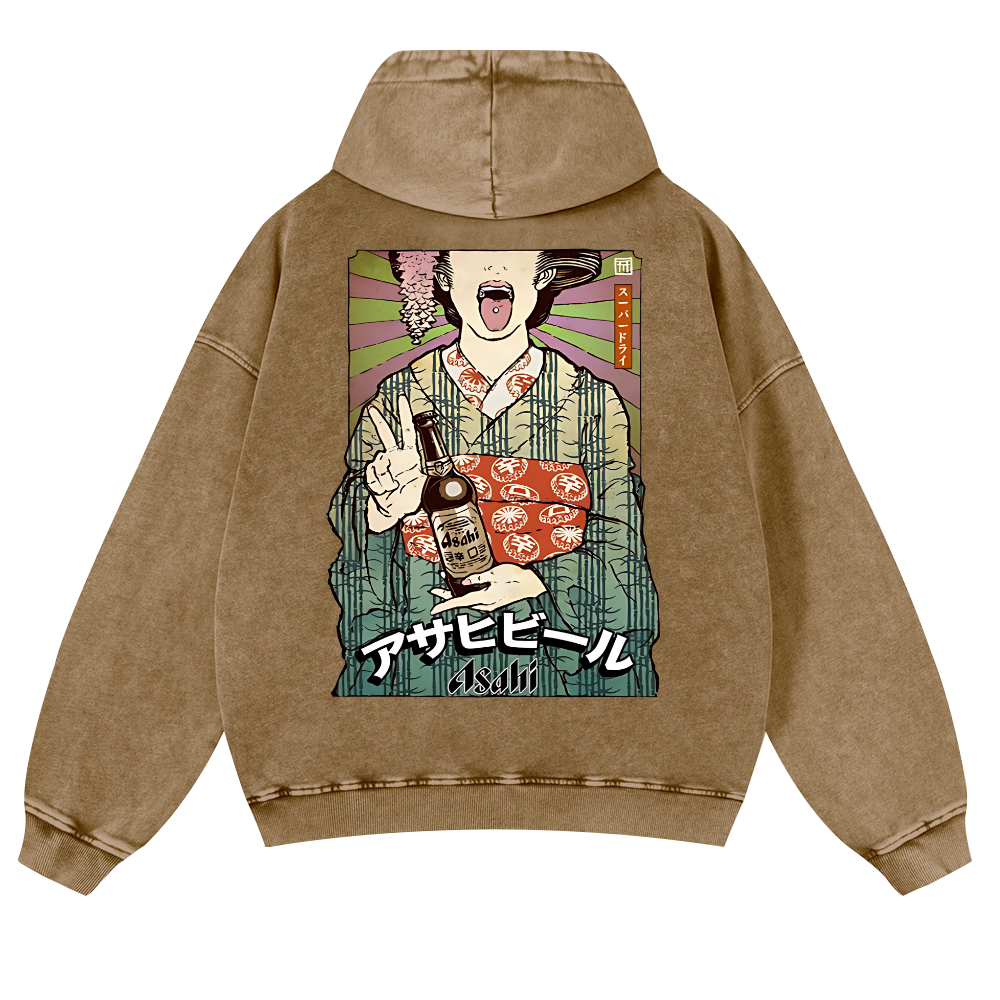 Asahi Beer Geisha Vintage Washed Cotton Back Art Hoodie