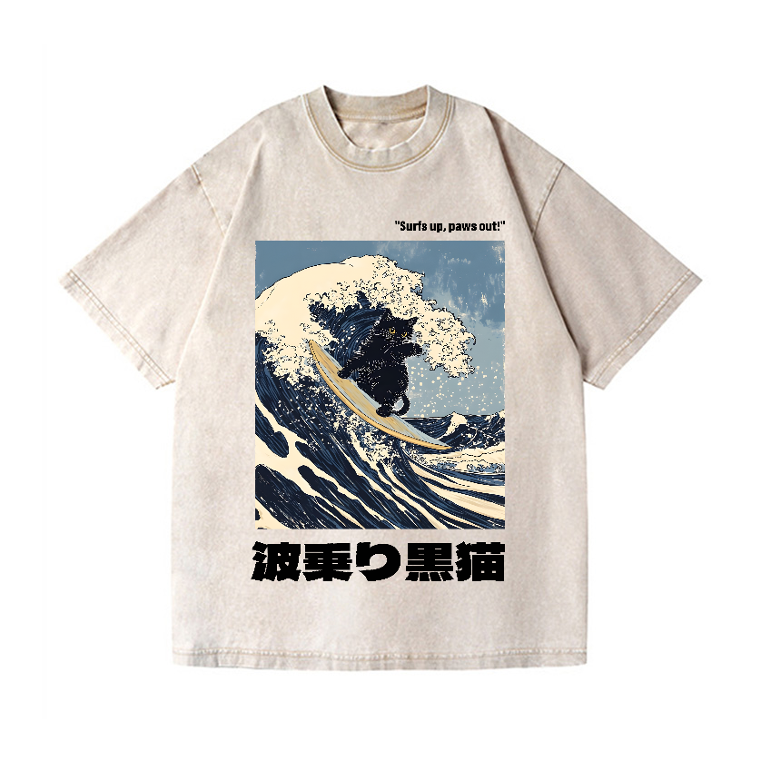 Black Cat Great Wave Vintage Wash Japanese Design T-Shirt