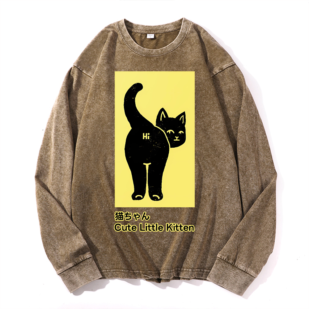 Cute Little Kitten Black Cat Vintage Cotton Wash Crewneck Sweatshirt