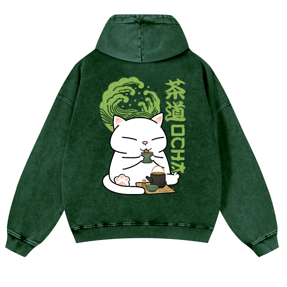 Cat Tea Vintage Washed Cotton Back Art Hoodie