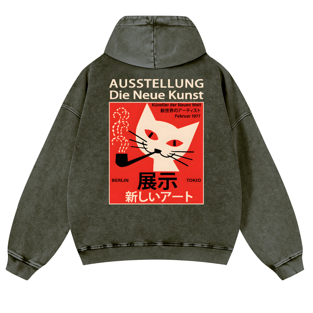 Cat Vintage Washed Cotton Back Art Hoodie
