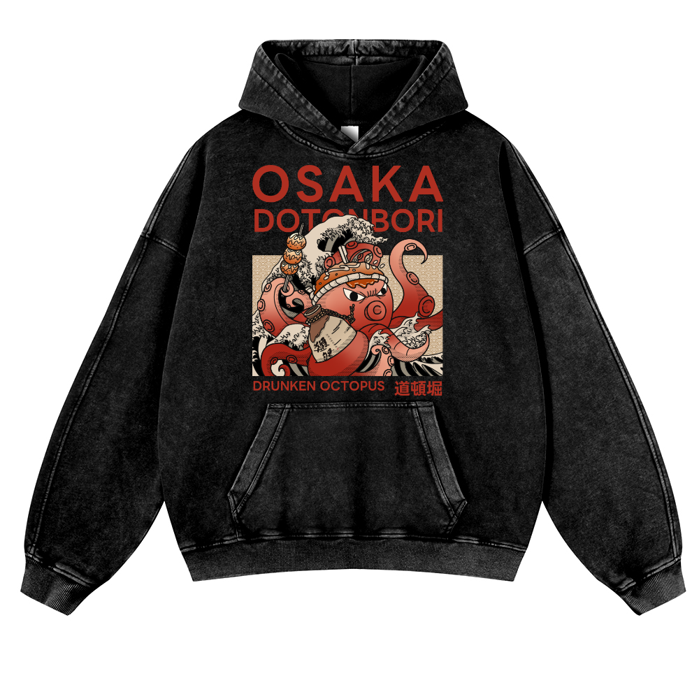 Osaka Dotonbori Drunken Octopus Vintage Washed Thick Cotton Hoodie