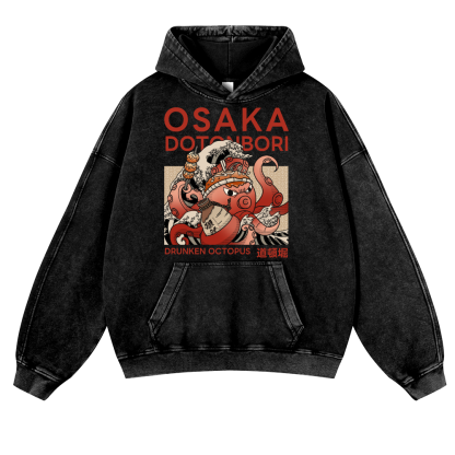Osaka Dotonbori Drunken Octopus Vintage Washed Thick Cotton Hoodie