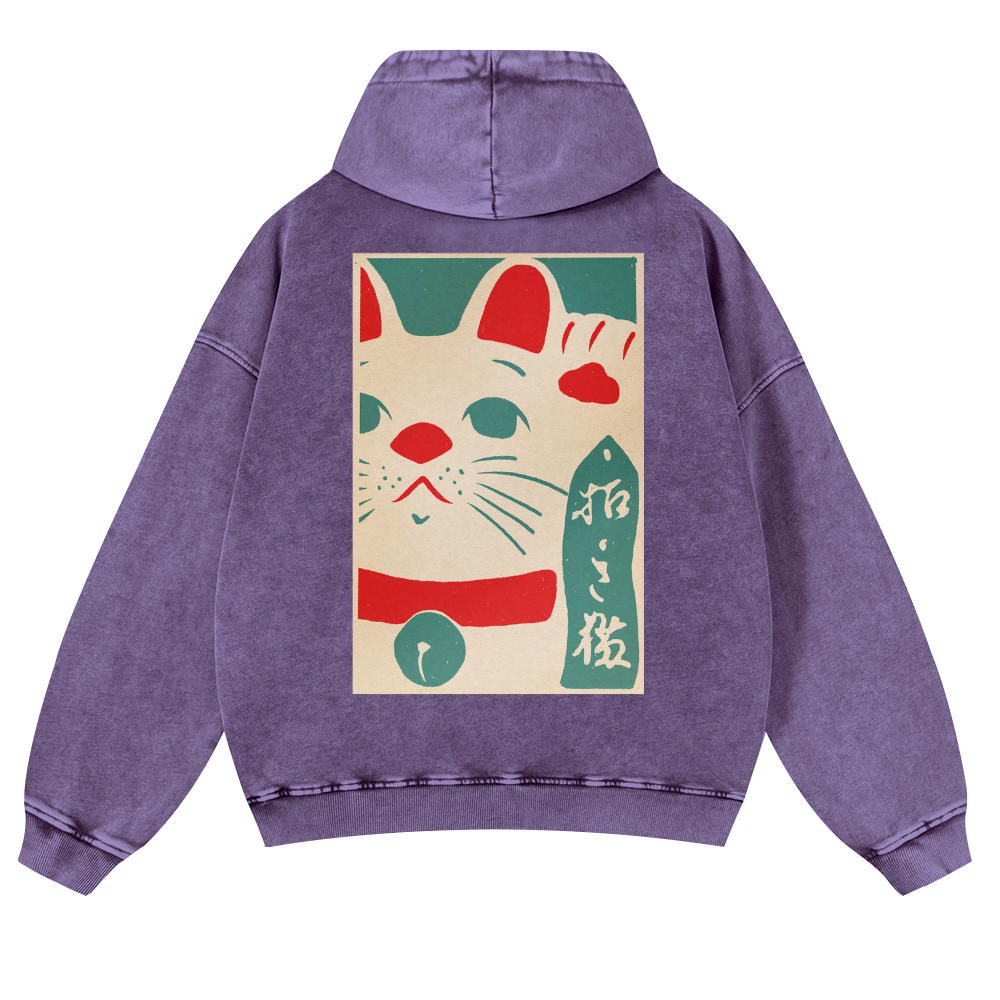 Lucky Cat Vintage Washed Cotton Back Art Hoodie