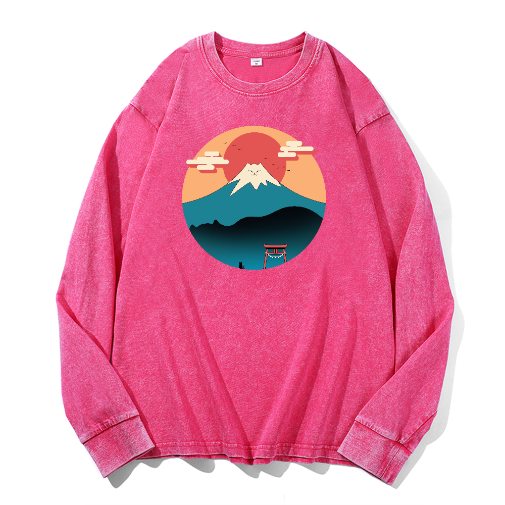 Cat Fuji Vintage Cotton Wash Crewneck Sweatshirt