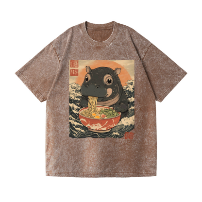 Ramen Hippo Ukiyoe Wave Vintage Wash Japanese Design T-Shirt