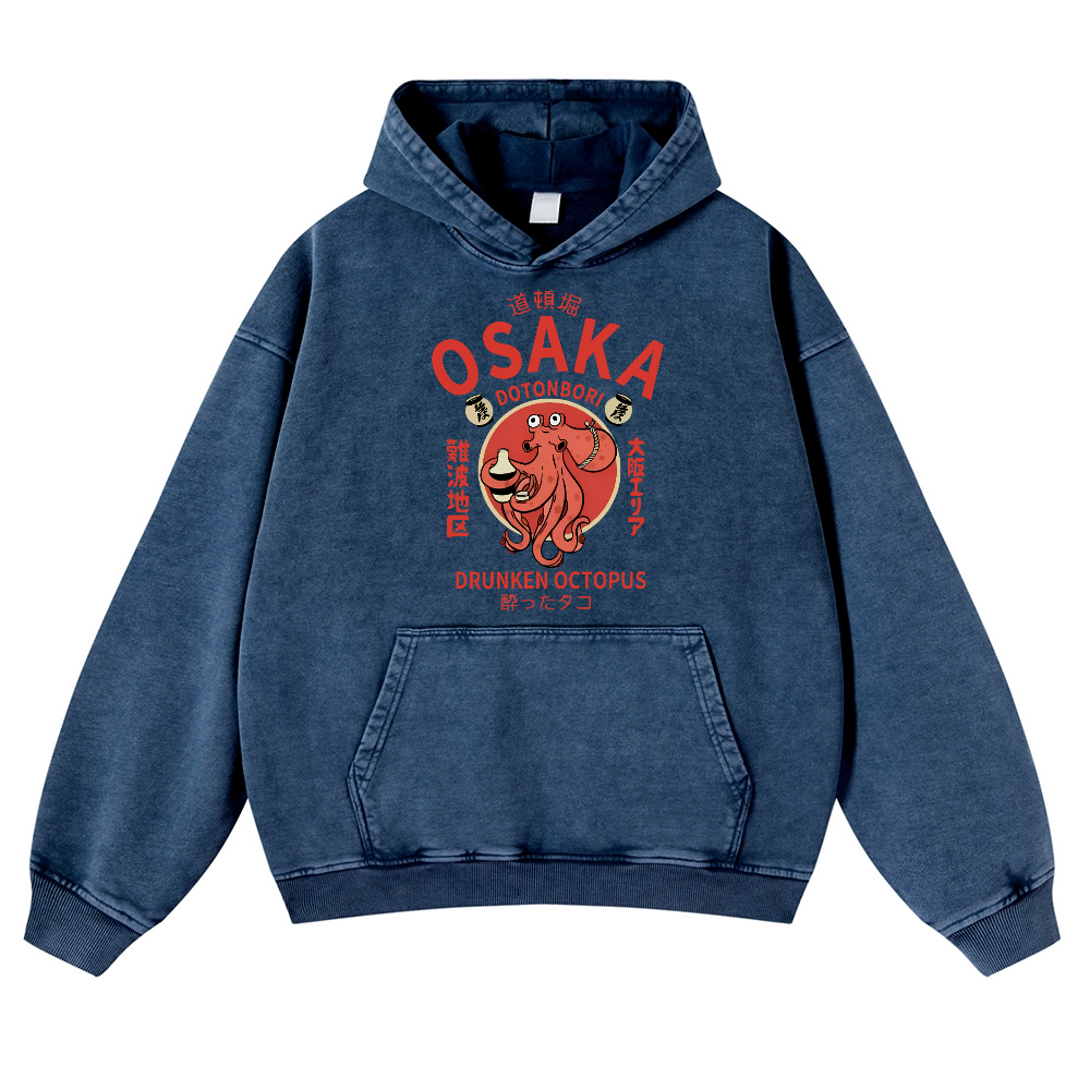 OSAKA Dotonbori Octopus Vintage Washed Thick Cotton Hoodie