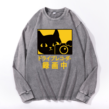 Cat Camera Vintage Cotton Wash Long-sleeve T-shirt